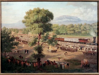 Ansicht der Eisenbahn im Tal von Mexiko. Gemälde von Luis Coto