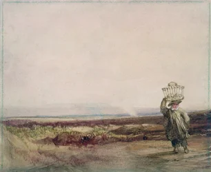 Ein Junge trägt einen Korb auf dem Kopf, in einer Moorlandschaft