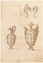 Entwurf für zwei Vasen und ein Ornament recto, Mitte 1500er