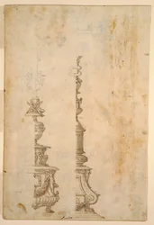 Zwei Entwürfe für Altarkreuzbasen; verso, Entwürfe für fünf Projekte