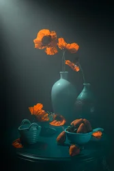 Stimmungsvolle Mohnblumen und Erdbeeren