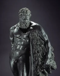 Griechische Kunst: „Ruhender Herakles“, Detail. Bronzeskulptur von Lysipp von Sikyon (395-305 v. Chr.), 4. Jahrhundert v. Chr., aus dem Heiligtum des Hercules Curinus, Sulmona. Archäologisches Nationalmuseum, Chieti, Italien