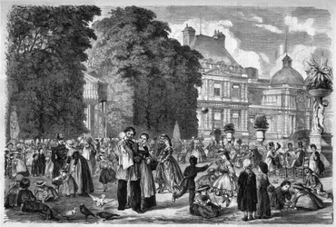 Ansicht des Jardin du Luxembourg in Paris. Gravur nach einer Zeichnung von M. Pietsch in „Das Illustrierte Universum“.