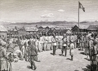 Sir Henry Morton Stanley spricht zu rebellischen Offizieren in Kavalli, 1890