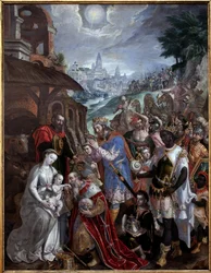 Anbetung der Heiligen Drei Könige. Über der Heiligen Familie und den Weisen der Stern des Hirten. Gemälde von Maaerten de Vos (Martin de Vos, Marten de Vos) (1532-1603), flämische Kunst des 16. Jahrhunderts. Museum der Schönen Künste von Valenciennes