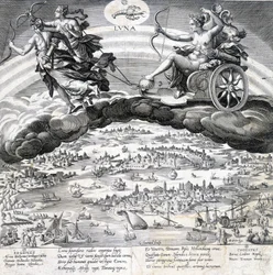 Luna: Allegorie des Mondes (Diana) und des Skorpions, der unter ihrem Einfluss steht (Sternzeichen) - Gravur von Maaerten de Vos (Martin de Vos, Marten de Vos) (1532-1603), n.d.