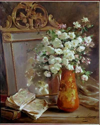 Der rote Vase Stillleben mit Spiegel, Blumenstrauß und Buch