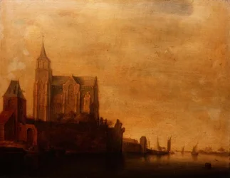 Groote Kerk mit Blick auf den Hauptturm, Emmerich in einer Flusslandschaft mit Segelbooten