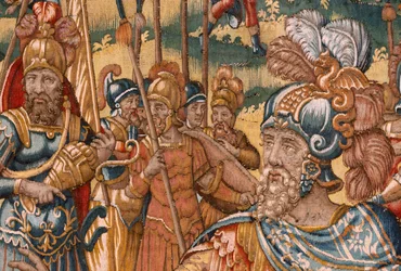 Diözesanmuseum. Flämischer Wandteppich. Brüssel. Atelier François Geubels. Serie Geschichte von Gideon. Die Israeliten übergeben Gideon ihren Anteil an der Beute. Seide und Wolle. Vermächtnis von Bischof