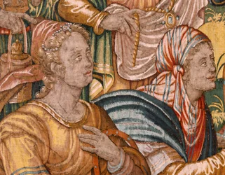 Diözesanmuseum (Museo Diocesano). Flemischer Wandteppich. Brüssel. Atelier François Geubels. Serie Geschichte von Gideon. Die Israeliten übergeben Gideon ihren Anteil an der Beute. Seide und Wolle. Vermächtnis von Bischof.