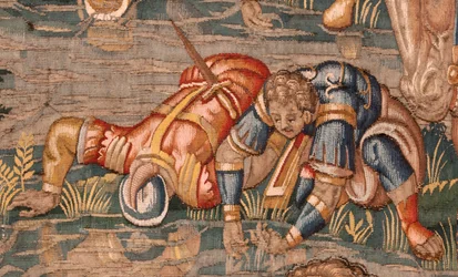 Diözesanmuseum (Museo Diocesano). Flemischer Wandteppich. Brüssel. Atelier François Geubels. Serie Geschichte von Gideon. Die Krieger werden ausgewählt. Seide und Wolle. Vermächtnis von Bischof Vicente Roca de la Serna. Barock. 1534-1571, in der c.