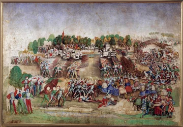 Italienische Kriege: Die Schlacht von Marignano am 14.09.1515, Zeichnung mit der Feder des Meisters De La Ratiere (16. Jahrhundert)