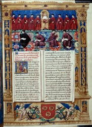 Der Rat der Zehn Der Doge ist in der Mitte. Seite aus einer Beschreibung oder befasst sich mit der Regierung und dem Regime der Stadt und Herrschaft Venedig, realisiert von Admiral Louis Malet de Graville, illuminiert vom Meister von Philip de Geldre (16. 