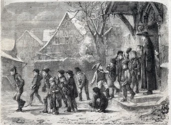 Schulausgang im Winter. Gravur nach einem Gemälde von M. B. Vautier in „The Illustrious Universe“