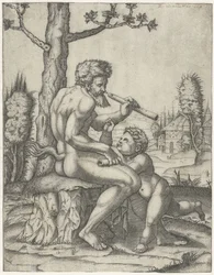 Faun mit Flöte spielt mit Kind