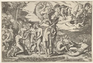 Urteil des Paris: Paris streckt seine Hand nach Venus aus, die zwischen Juno und..., ca. 1520-50