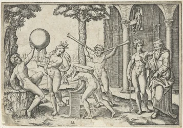 Mann mit zwei Trompeten und Mann mit Stein auf dem Rücken flankiert von Mann und Frau mit Globus und altem und jungem Mann