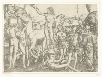 Nackter Mann mit Fackel auf Sockel umgeben von nackten Männern mit Pferd und Vase und Soldat flankiert von Tugenden Vorsicht und Liebe