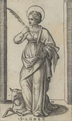 Heilige Agnes, die eine Palme in ihrer rechten Hand hält, ein Schaf unten links, ca. 1500-1527
