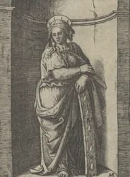Heilige Katharina, die in einer Nische steht und sich auf ein Rad stützt, ihr Folterinstrument