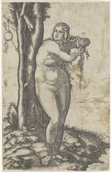 Venus steht am Wasser und wringt ihr Haar aus