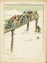 Illustration von Marcel Capy (1865-1941) in Le Rire, 24/08/12 - Wie macht man das? - Freizeit, Architektur Stadtplanung, Marine Marine Seaside, Schwimmen Schwimmen Schwimmen, Menge