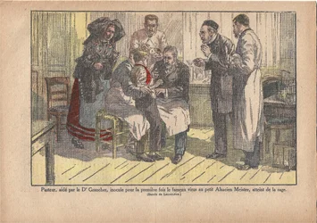Pasteur, unterstützt von Dr. Grancher, impfte das berühmte Virus zum ersten Mal bei dem kleinen Elsässer, der an Tollwut erkrankt war, Le Pèlerin, 5/11/1922 (Druck)
