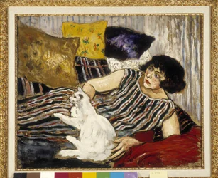 Suzanne Valadon (1865-1938) und ihre Katze. Obligatorischer Vermerk: Sammlung der Fondation Regards de Provence, Marseille (45 x 54 cm)