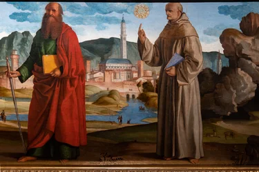 St. Franziskus empfängt die Stigmata unter St. Klara und Peter, der selige Bartolomeo von Breganze, und St. Paulus und Bernardino (Detail)