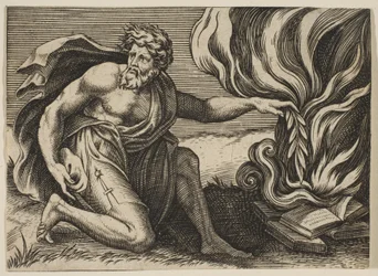 Ein Mann kniet und legt einen Lorbeerzweig auf einen Haufen brennender Bücher, ca. 1515-27