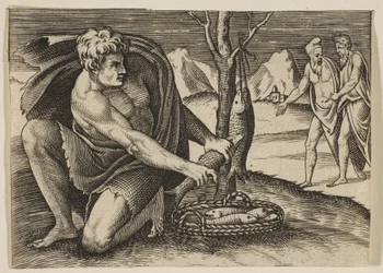 Ein Mann kniet neben einem Korb mit Fischen und nimmt einen mit beiden Händen, zwei Männer bei..., ca. 1515-27