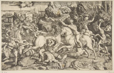 Kampfszene in einer Landschaft mit Soldaten zu Pferd und mehreren gefallenen Männern, ein weiterer..., ca. 1520