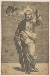 Christus steht nach vorne gerichtet, hält ein Kreuz mit einem Banner und erhebt seine linke Hand