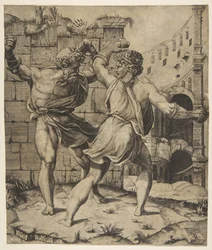 Entellus und Dares kämpfen vor klassischen Ruinen, 1520-25