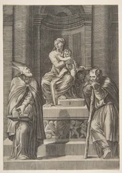 Heiliger Josef links und ein Bischof rechts vor dem Altar der Jungfrau..., ca. 1515-27