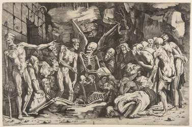 Die Skelette, eine Gruppe abgemagerter Männer und Frauen versammelt um ein Skelett..., 1515-27