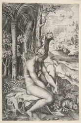 Venus entfernt einen Dorn aus ihrem linken Fuß, während sie auf einem Tuch neben Bäumen sitzt, ca. 1515-27