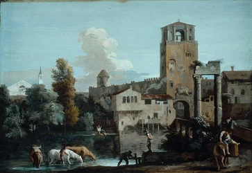 Ein Capriccio mit Pferden, die in einem Fluss vor einer ummauerten Stadt trinken