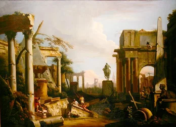 Landschaft mit klassischen Ruinen und Figuren