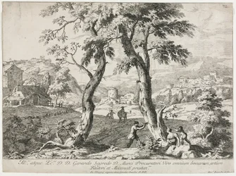 Ansicht eines Dorfes mit Figuren im Vordergrund, 1723