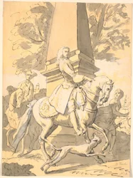 Vornehmer Herr gefolgt von Dienern reitet an einem Denkmal vorbei