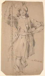 Stehender helmtragender Krieger mit Lanze in der rechten Hand