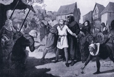 Richards Page erregt Verdacht auf dem Erdburg-Marktplatz 1192 n. Chr.