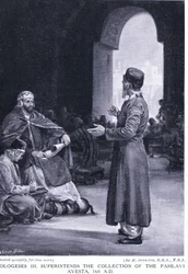 Vologeses III überwacht die Sammlung des Pahlavi Avesta 160 n. Chr.