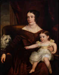 Eine Mutter und Kind mit einem weißen Hund in einem Innenraum, um 1815-66