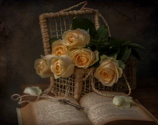 Romantische Rosen und altes Buch