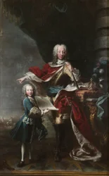 Vittorio Amedeo III als Kind zeigt seinem Vater Carlo Emanuele III von Savoyen den Plan des Schlosses von Mailand. Porträt von Carlo Emanuele III und Vittorio Amedeo III von Savoyen