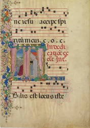 Manuskriptblatt mit der Einweihung einer Kirche in einem Initial T, aus einem Graduale, 2. Hälfte des 15. Jahrhunderts