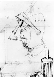 Zeichnung, die die Umwandlung eines Helms in eine Unterwassermaske darstellt. Das Visier wird verwendet, um das Atemrohr zu halten - aus „De Ingeneis“ von Mariano di Jacopo, genannt Il Taccola, 15. Jahrhundert