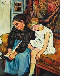 Großmutter zieht einem kleinen Mädchen Schuhe an, 1931